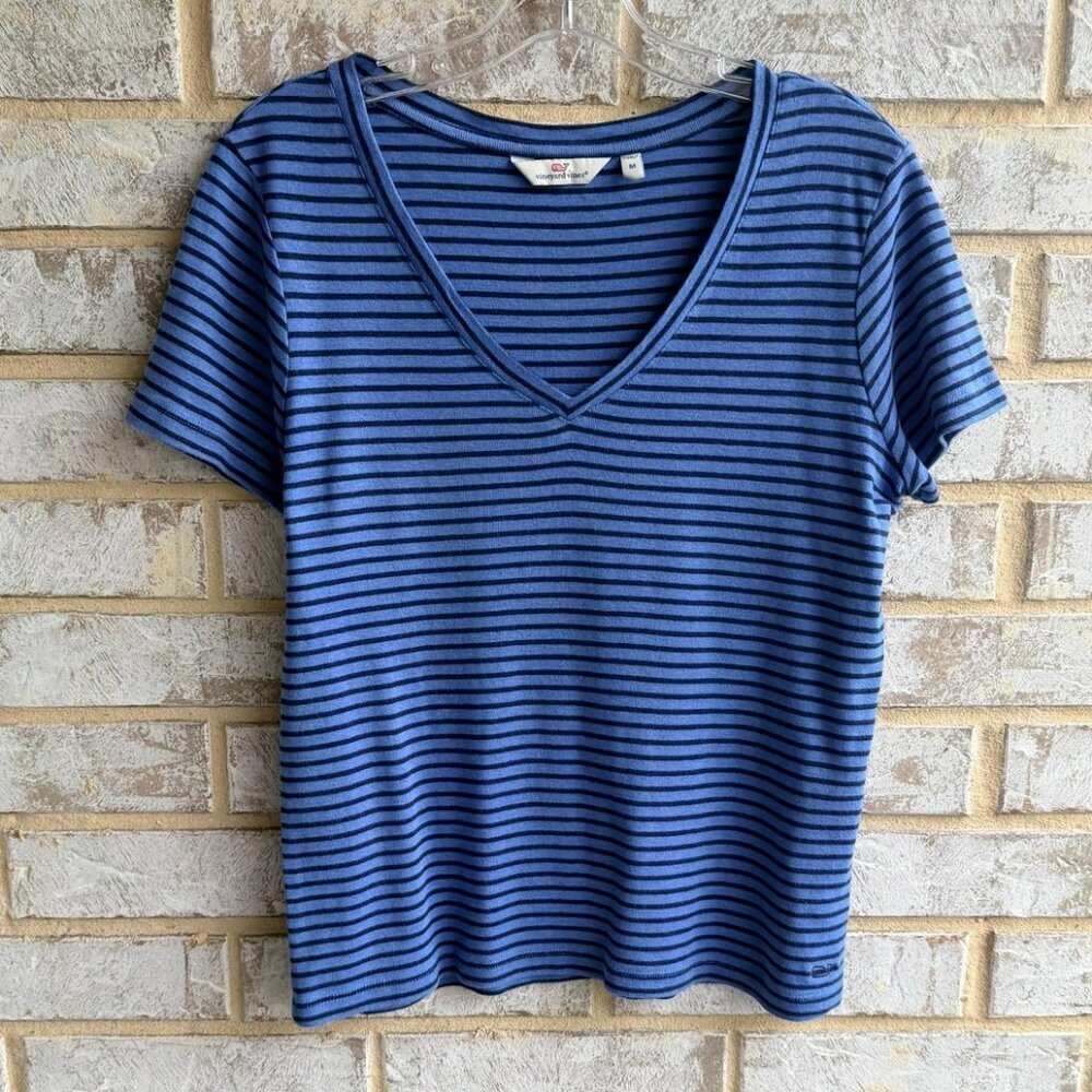 Vineyard Vines Short Sleeve V-Neck Blue Striped Cotton Blend T-Shirt Size M